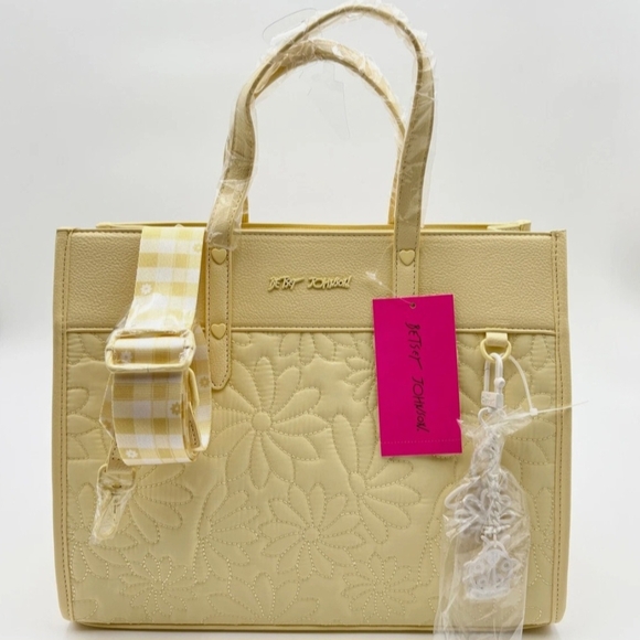 Betsey Johnson Handbags - BETSEY JOHNSON XOBECA-N Yellow Satchel Purse Tote Bag Floral w Bag Charm 🌼